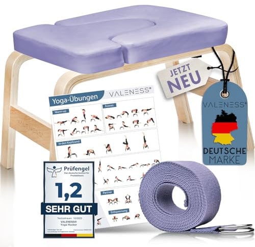 VALENESS® Yoga Kopfstandhocker - Hochwertiger Yoga Hocker inkl. Yogagurt, Yogablock & Übungsposter - Yoga Stuhl zur Handstand-Übung aus massivem Naturholz - Yoga Ausrüstung für Zuhause… (Violet)