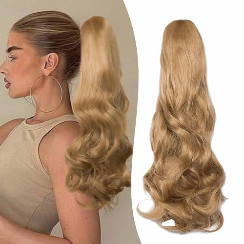 Gairyan 50cm Postiche Queue de Cheval avec Pince Extensions de Cheveux Naturel a Clip Ondulé Extension Queue de Cheval Synthétique Rajout Cheveux Claw on Ponytail Longue Bouclée - Blond foncé