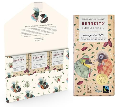 Bennetto Orange with Chilli. Dark chocolate with orange zest and a hint of chilli. 60% cocoa. Certified organic, Fairtrade, and net climate positive. 3 x 80g Bars