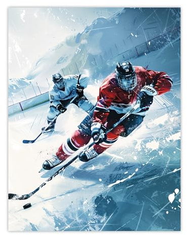 Artery8 Ice Hockey Players in Game Oil Painting Winter Man Cave Fathers Day Unframed Wall Art Print Poster Home Decor Premium