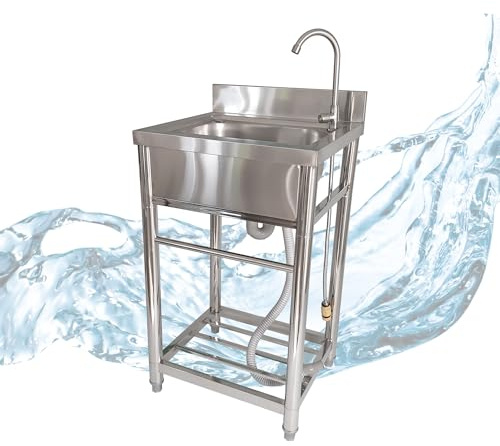 Lemodo Spültisch freistehend – Edelstahl Spültisch mit Wasserhahn, Gartenschlauch-Anschluss, mobiler Spültisch für Outdoorküche, Gastro und Camping, freistehende Küchenspüle mit Ablage