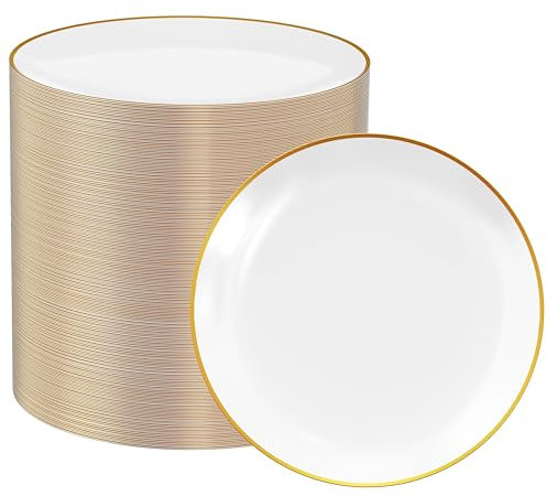 FOCUSLINE 100 Count 7 Inch White and Gold Plastic Plates, Disposable Heavy Duty White Plates with Gold Rim, Premium Hard Plastic Plates Fancy Disposable White Salad Plates for Wedding Parties