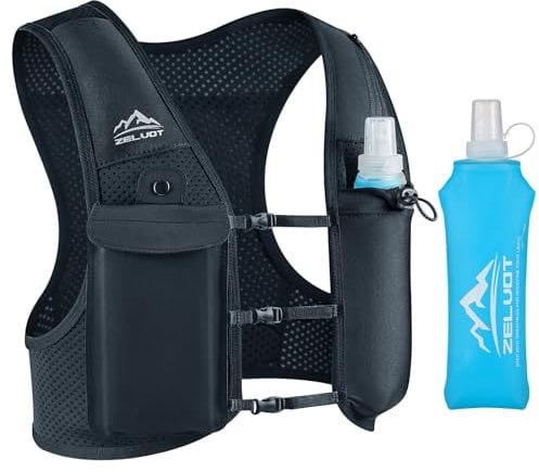 Zelvot Laufweste für Damen und Herren, Europäisches Originalpatent, Verstellbare Brustgurte, Trinkweste Laufen mit 500ml Wasserflasche, Reflektierender Trinkrucksack mit Handyhalterung (Schwarz, M/L)