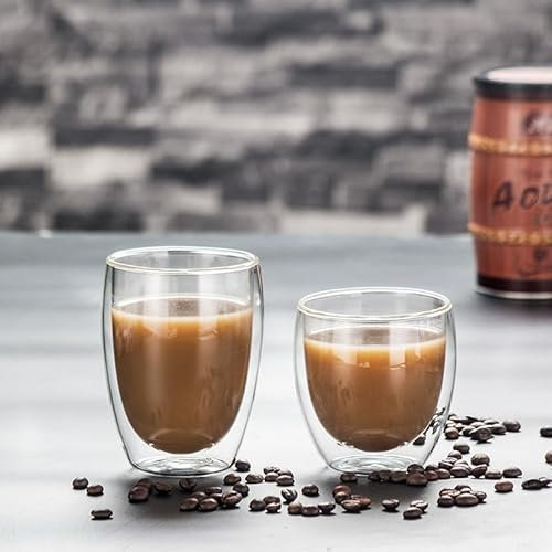 Foeska Taza Doble Pared Termica Anti-Quemaduras para Café Té Cerveza - Vidrio Templado Diseño Minimalista Multiusos Capuchino Leche Zumo (450ml * 2)