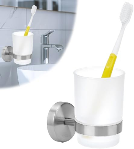 QWORK® Porta Spazzolino da Parete, Portaspazzolino in Acciaio Inossidabile, Porta Spazzolino con 1 Tazze per Collutorio