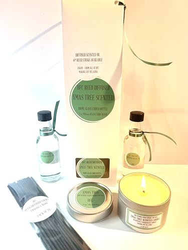 BFC Xmas Tree Scented Gift Pack 1 x Xmas Tree Reed Diffuser 100ML, 1 x Xmas Tree scented Soy Wax Candle (28Hours burn time) 24 x rds & 2 x Xmas Tree reed diffuser refill oils (50ML)