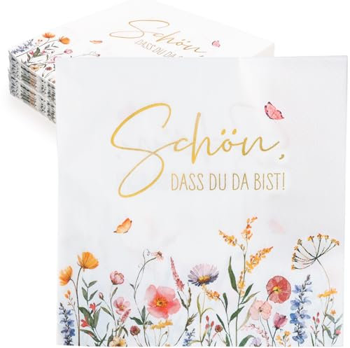 BETESSIN Servietten Hochzeit - 40 Stück Servietten Schön Dass Du Da Bist - Papierservietten mit Blumen Motiv - Tischdeko für Hochzeit, Geburtstag, Frühling, Ostern