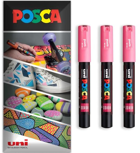 Posca - Water Based Permanent Marker Paint Pen - Multi Surface Use - PC-1M - Pack of 3 Pens in Wallet (Pink)