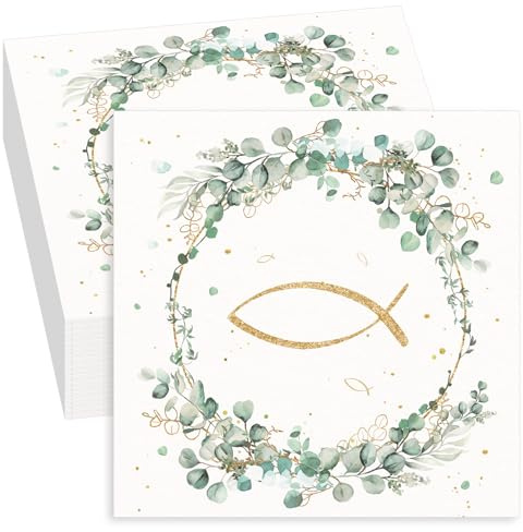 Servietten Kommunion 80 Stück Taufe, Fisch-Eukalyptus-Muster, Konfirmation, Erstkommunion, Tischdekoration, Partys, Geburtstag, Hochzeit