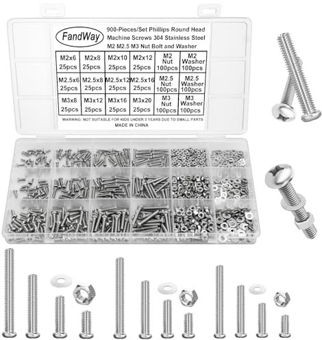 FandWay 900Pcs Bolts and Nuts Set,M2 M2.5 M3 Pan Head Machine Screws DIN 7985,Cross Round Head Screws,304 Stainless Steel Bolts and Washers Set Phillips Drive Fully Threaded With Storage Box.