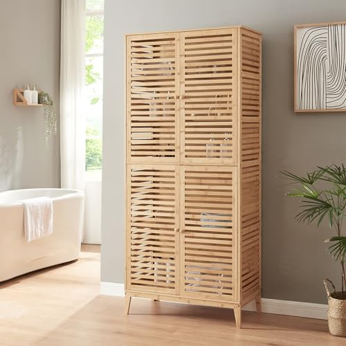 [en.casa] Badezimmerschrank Raurgela 180 x 80 x 40 cm Bambus Badezimmermöbel Küchenschrank Hochschrank Aufbewahrungsschrank