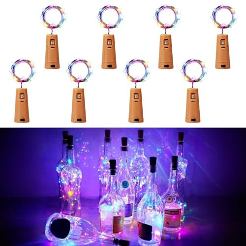 Bottle Lights 8 Pack, 2m 20 LED Wine Bottle Lights with Cork, Fairy Light Battery Operated for Birthday, Wedding, Christmas DIY Indoor/Outdoor Table Decoration (Colourful)