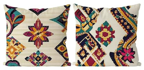 Outdoor Kissen 50x50 Wasserfest Dekokissen Beige Leinen Kissenbezüge Indien Outdoorkissen Wasserfest Kissenhullen Verdecktem Zip Waschbar Sofakissen für Garten Outdoor Terrassen Balkon Deko T4-369