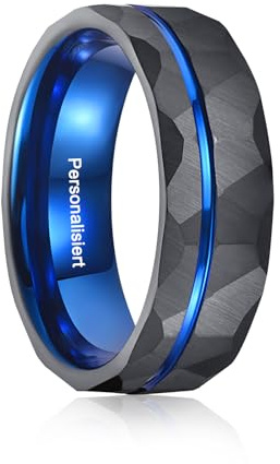 Vakki Ringe Herren Schwarz Wolfram Ring 8mm Gehämmerte Eheringe mit Blau Rille Zweifarbiger Herrenring für Hochzeit, Jahrestag, Geburtstag, Größe 54.4-67.2(17.3-21.4)