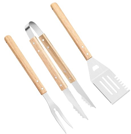 Duroecsain Grillbesteck-Set – 3 Grillutensilien für den Außenbereich, Griff aus Holz, hitzebeständig, rutschfest, für Steak, Burger, Pizza und kulinarische Zubereitungen