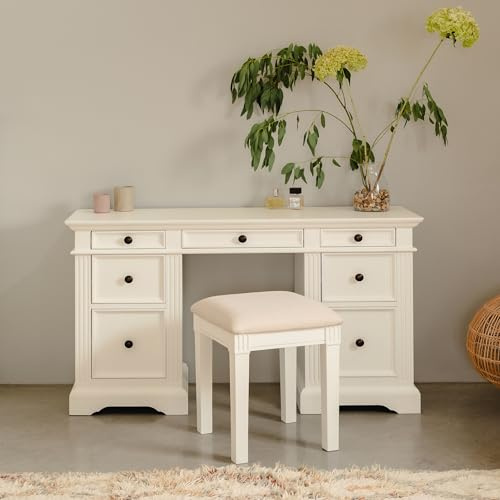 Gainsborough Dressing Table with Drawers | White or Cream Pedestal Make-up Table, W132.5cm H78cm D42.5cm, Felt-Lined Jewellery Drawers, Carved Detailing, ASSEMBLED (VINTAGE CREAM - MetalHandles)