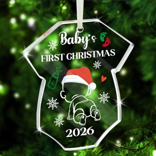 DPKOW 2026 Baby's First Christmas Bauble Ornament Tree Decoration Christmas First Gift for Baby Newborn New Parents, Glass Bauble Clear, Baby 1st Xmas Eve Box Fillers Newborn Keepsake, with Box