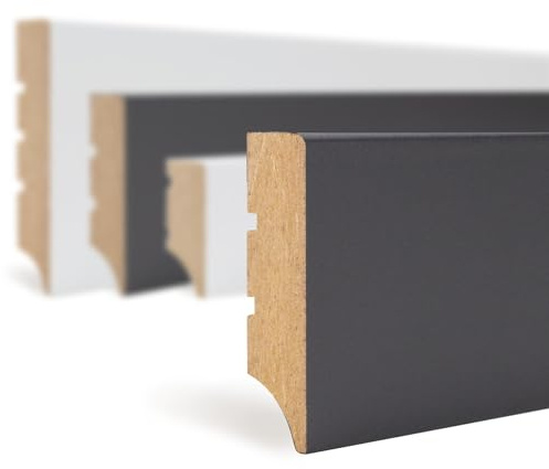 HEXIM Sockelleisten schwarz 2000x50x12mm, 5 Stück Fußleisten MDF foliert, Weimarer Profil Abschlussleiste Fußbodenleisten glatt (Black Lead, 10 Meter / 5 Leisten)