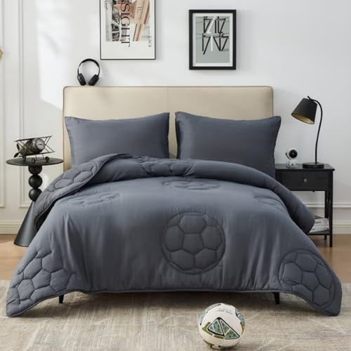 10.5 Tog Kids Coverless Quilt Set with Pillowcase, Soft Quilted Reversible Comforter Duvet, Lightweight Breathable Winter Washable Polyester Bedding (Football - Charcoal, Single Duvet 135x200cm)