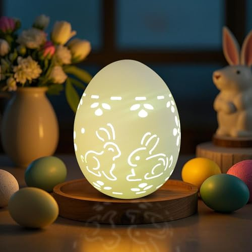 Osterdeko LED Osterei Osterhase Innen Keramik Osterdeko Osterei mit Beleuchtung, Ostern Deko Porzellan Ei Licht Modern Tischdeko Osterbeleuchtung Nachtlicht Leuchtende für Ostern Frühlingsdeko (Weiß)