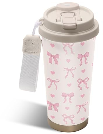 NEIUJADK Pink Bow Tumbler Stainless Steel 2-in-1 Lid Coffee Tumbler 18 oz Coquette Bow Print Insulated Travel Coffee Mug Bows Water Bottle for Women Girls Birthday Christmas