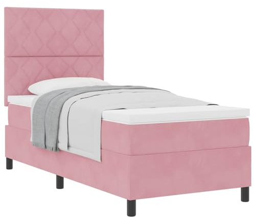 HFXHIJXQ Boxspringbett Rosa in 90x200 cm mit Kopfteil höhenverstellbar, Einzelbett aus Stoff & Massivholz Kiefer, stabiles Bettgestell für Jugendzimmer, Gästehaus und Schlafzimmer
