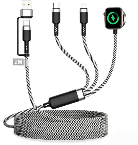 3 in 2 Nylon Multi Ladekabel für Apple Watch Ladegerät 2M iWatch Ladekabel | USB C Aufladekabel Magnetische Apple Watch Kabel for iWatch Series 11/10/9/8/SE/Ultra,iPhone 17 16 15 14 13,iPad,Airpods