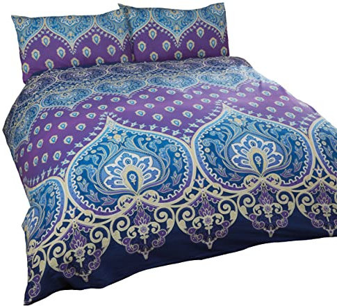Asha Saphire Indiano Design Set Copripiumino e 2 Federa Set di Biancheria da Letto, Colore: Blu/Viola