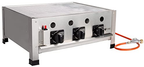 Beeketal 'GGB-2' Profi Gastrobräter Gasgrill mit Grillrost, 3-flammig, Piezo Zünder, 3 x Gasregler stufenlos, Gasbräter inkl. Grillrost, Abtropfblech, Brennerabdeckung, Gasschlauch und Druckminderer