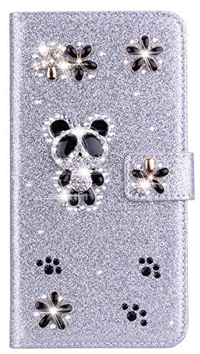 XFZ DIY Glitzer Lederhülle für Samsung Galaxy J5 (2017)/J530 PU Ledertasche Glänzende Strass Hülle 3D Panda Design Crystal Schutzhülle Flip Cover Bumper Handyhülle mit Kartenfächer Etui - Silber