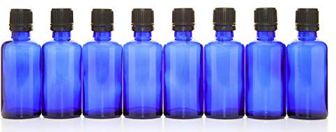 Aura 50ml Blue Glass Bottles with Black T/E Caps & Droppers - Pack of 8
