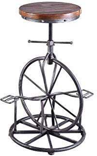 YNGJUEN Industrieller Barhocker Fahrrad Radpedal Fußstütze Holzsitz Runden Schmiedeeisen Base Höhenverstellbar Schwenken Kaffeestuhl Kneipentheke