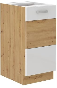 Unterschrank 40 cm Eiche Artisan + Weiß Hochglanz Küchenzeile Küchenblock Küche