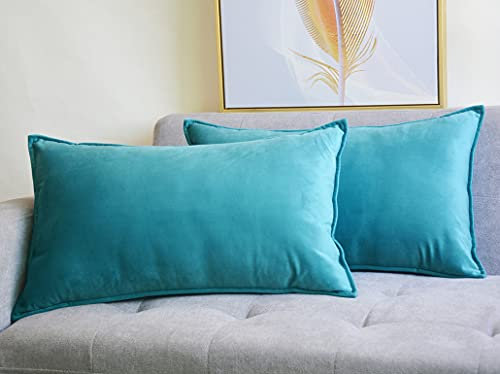 Lutanky Pack of 2 Velvet Cushion Covers Peacock Blue Decorative Rectangle Throw Pillow Case Soft Flanges Pillowcases for Sofa Bedroom with Invisible Zipper 12x20 Inch 30 x 50 cm