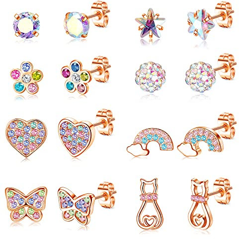 ORAZIO 8 Paar hypoallergene Ohrstecker für Damen Mädchen 316L Edelstahl mehrfarbig Zirkonia Herz Blume Schildkröte Perle Schmetterling Ohrstecker Set/RG