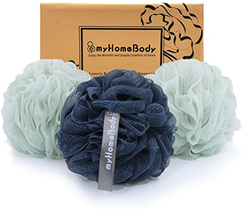 myHomeBody éponge Loofah 70g, 2 Sea Foam Green +1 Navy Blue, Pack de 3 | Grande éponge de bain, éponge pour le corps, Éponge exfoliante - Pouf de douche pour le lavage du corps avec charbon actif
