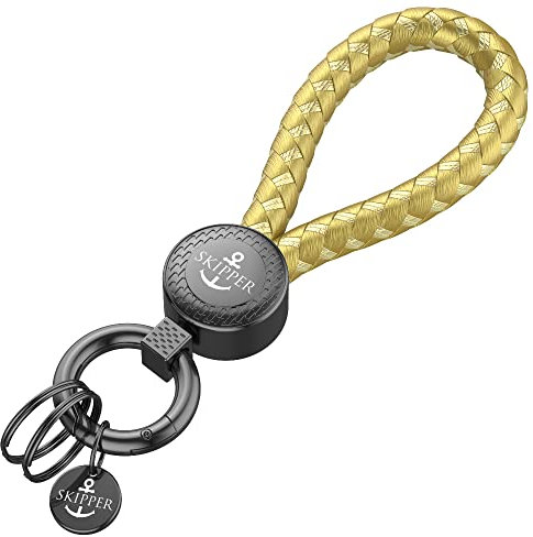 Skipper Schlüsselanhänger Schlüsselbund Schlüsselband Keychain mit Karabiner und zwei Ringen Leder Imitat geflochten Geschenk für Frau Mann Freund Auto Fahrrad Motorrad schwarz 8874 - Gold