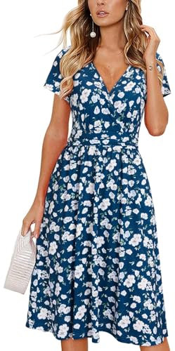 Newshows Sommerkleider Damen V-Ausschnitt Knielang Sommer Kleid Wickelkleid Freizeitkleider mit Taschen(Floral 38,L)