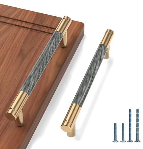9BUILD 10 Stück Schrankgriffe Gold und Grau Lochabstand 128mm Griffe für Küchenschränke Gerändelte Möbelgriffe Küchengriffe griffe möbel Küchenschrank Schranktürgriffe EU0020