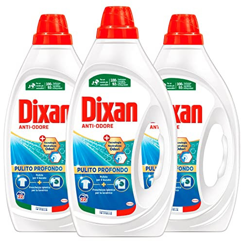 Dixan Anti-Odore Detersivo Liquido per Lavatrice Pulito Profondo con Tecnologia Neutralizza Odori Bucato Fresco e Pulito Ideale per 66 Lavaggi - 3 Flaconi da 1,1 Litri