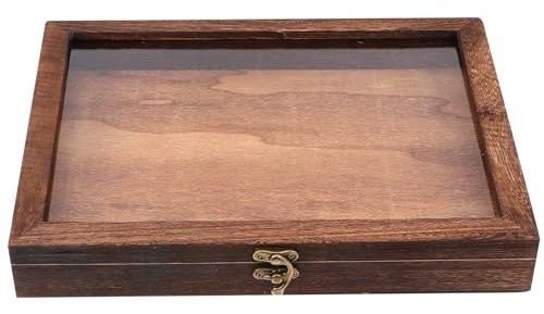 Boîte à Bijoux en Bois Avec vitre en Verre Affichage Naturel avec Couvercle en Acrylique Transparent - 31 x 22 x 4 cm - Anti-poussière Boîte en Bois, Serrure Style aléatoire