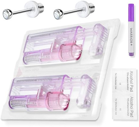 WARRIOR Schnelle EinwegPiercerPistolen, sicheres, schmerzfreies Ohr, 2 Stück, Schmuck, Alkoholtupfer, steriler Marker, SilikonScheibenfederPiercer, vervollständigt das Loch automatisch