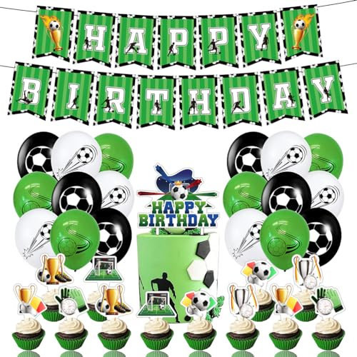 MiaLover Fußball Party Dekorationen Set Happy Birthday Fußball Thema Party Kit enthalten Happy Birthday Banner Ballons Fußball Thema Cupcake Cake Topper für Kinder Jungen Erwachsene Geburtstag