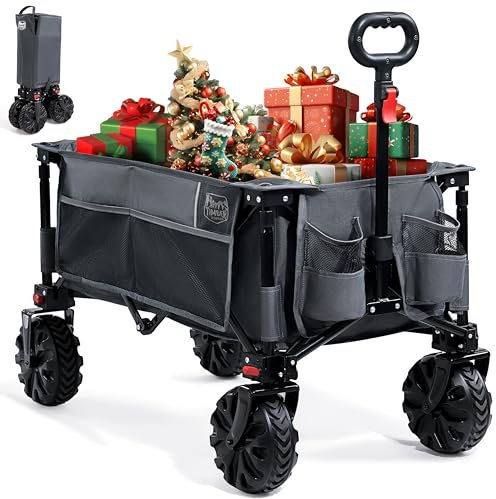 TIMBER RIDGE Festival Trolley Detachable Wide Wheels, 135L Folding Beach Trolley Cart for Outdoor Garden Picnic Shopping, 100kg Heavy Duty Foldable Camping Wagon with Adjustable Handle, Grey