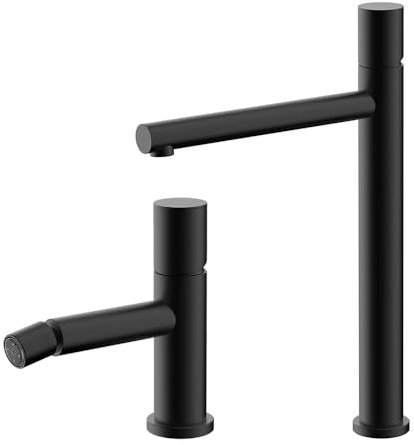 Set miscelatori lavabo alto e bidet nero opaco senza leva in acciaio inox, manopola rotante e indicatori per l’acqua, GEMINI