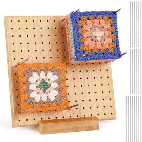 OTYMIOW Granny Square Supporto in Legno 20 * 20cm con 20 Spilli, Tavola Bordo di Blocco per Uncinetto, Tavola di Blocco Lavorata a Mano con Perni in Acciaio Inox per Crochet