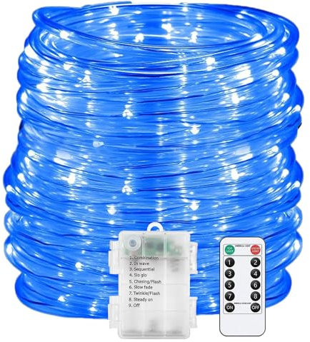 DINOWIN LED Schlauch Lichterkette Batterie Wasserdicht Lichterkette Draht mit Fernbedienung 8 Modi und Timer Lichtschlauch für Innen Außen Zimmer Party Garten (Blau, 10M 100LED)