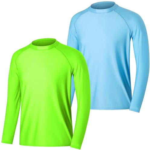 MASOCIO T Shirt Anti UV Homme Tee Shirt à Manche Longue Rashguard UPF 50+ Maillot de Bain Tshirt Hauts Baignade Surf Natation Wakeboard Plage 2 Pièces Taille L Bleu Vert
