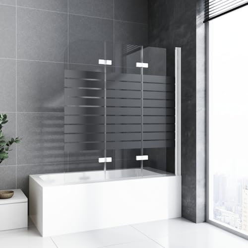 Duschwand für Badewanne faltbar 3 teilig 130 x 140 cm Schwarz Gestreift Badewannenfaltwand Duschtrennwand 6mm Nano Glas Duschabtrennung Badewanne, Weißer Rahmen