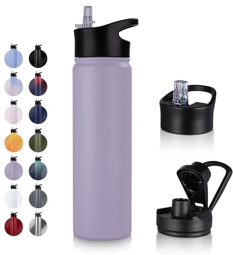 UMBFUN Edelstahl Trinkflasche - 750ml - mit Strohhalm,Auslaufsicher,Kohlensäure Geeignet,BPA frei Thermosflasche(+2 Deckel) Vakuum Doppelwandisolierung für Sport,Reisen,Camping,Schule,Fahrrad,Gym